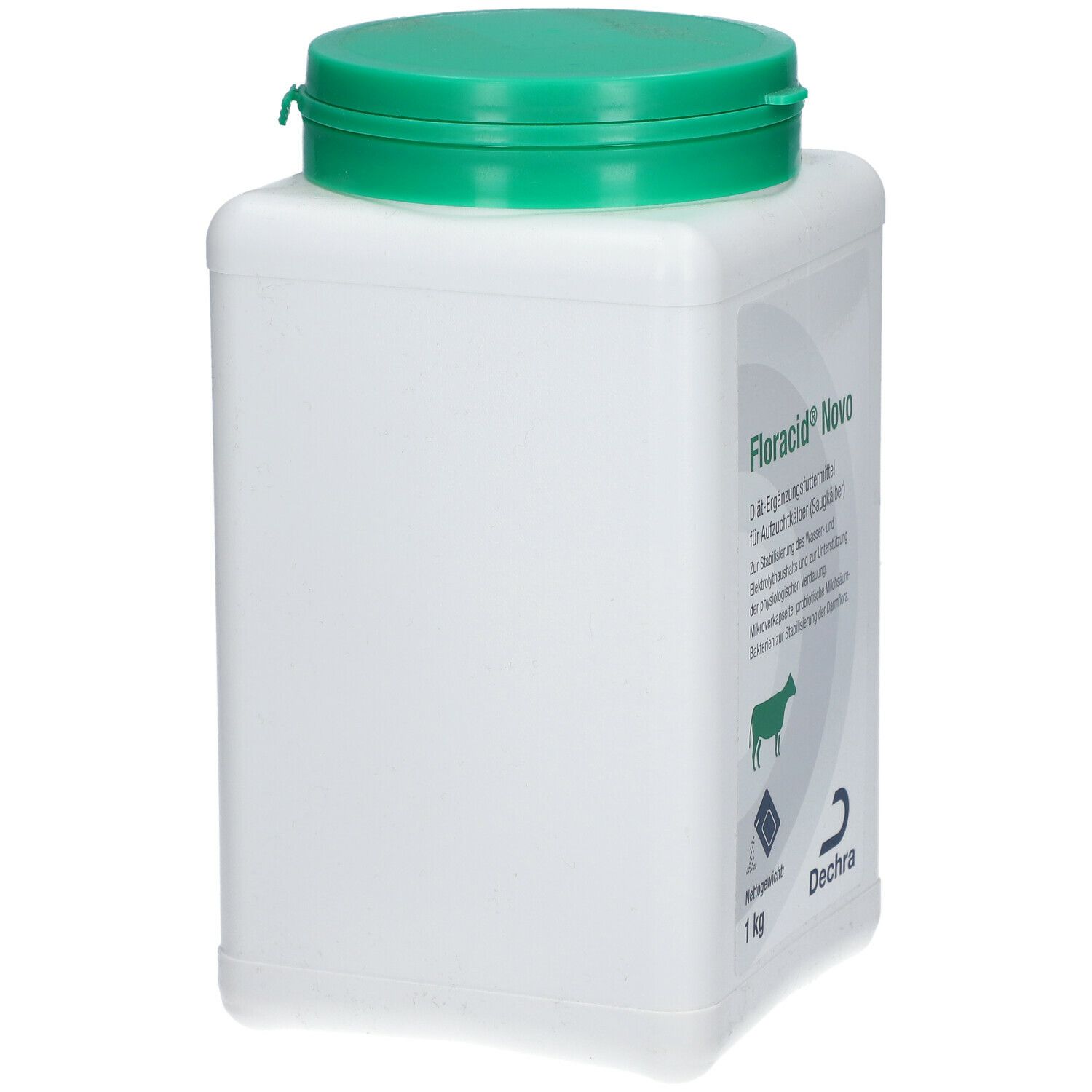 Weißer, quadratischer Behälter mit grünem Deckel. Aufschrift: Floracid® Novo. Logo und Text in deutscher Sprache. 1 kg.