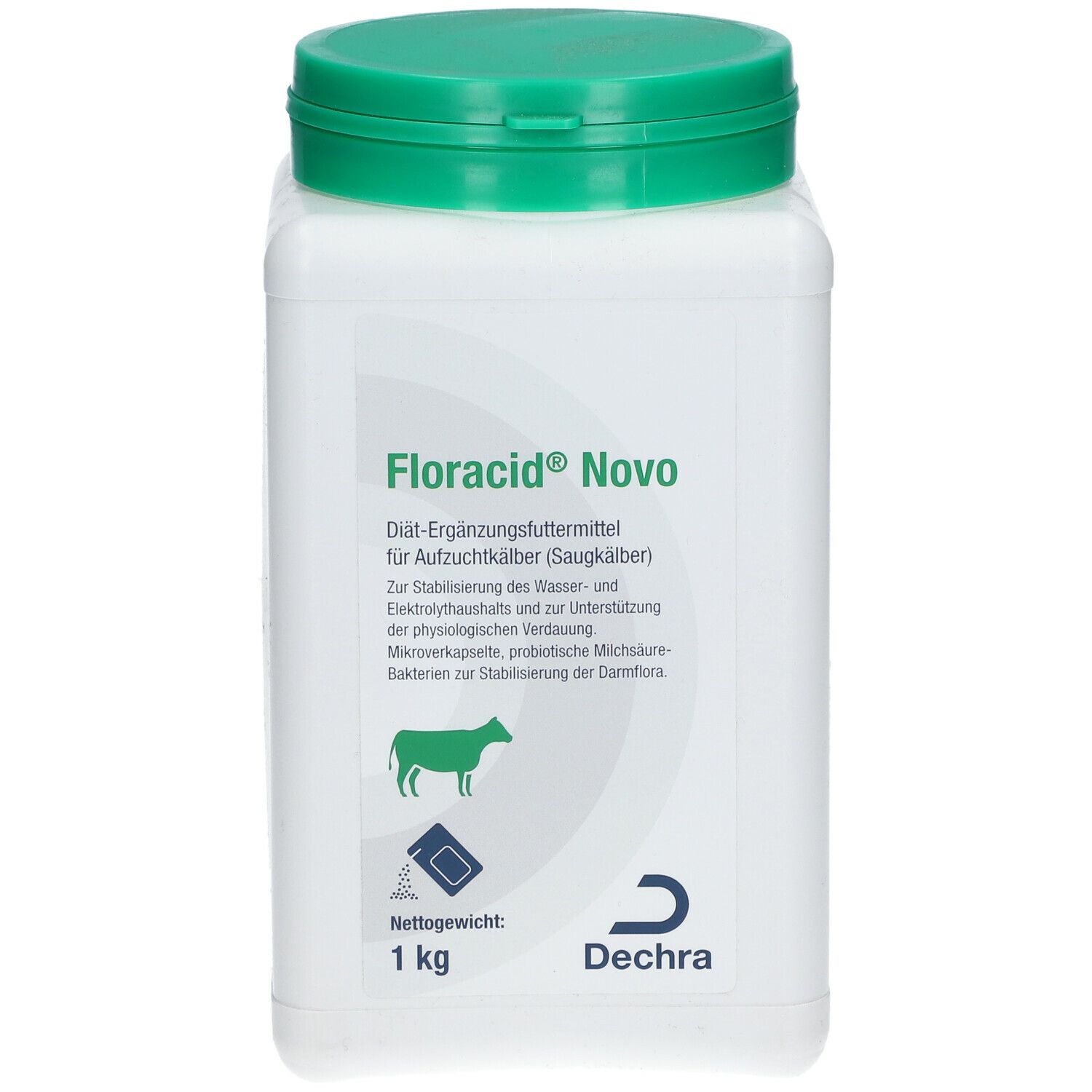 Weißer, quadratischer Behälter mit grünem Deckel. Aufschrift: Floracid® Novo. Logo und Text in deutscher Sprache. 1 kg.