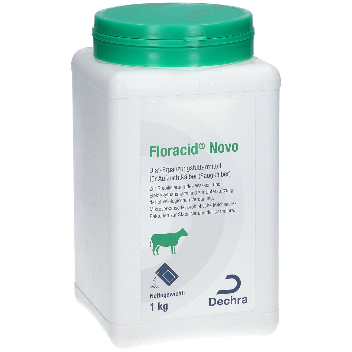 Weißer, quadratischer Behälter mit grünem Deckel. Aufschrift: Floracid® Novo. Logo und Text in deutscher Sprache. 1 kg.