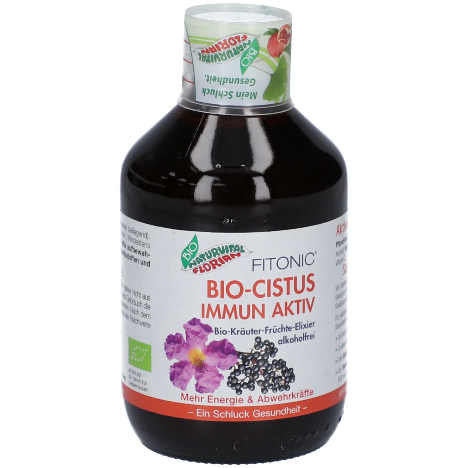 Braune Flasche mit Etikett. Aufschrift: FITONIC BIO-CISTUS IMMUN AKTIV. Mit Blüten- und Beeren-Illustrationen. Bio-Siegel.