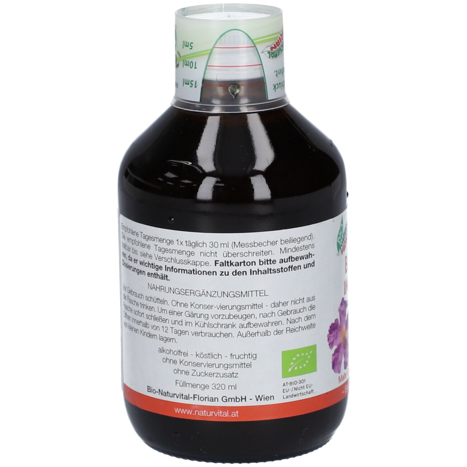 Rückseite einer braunen Flasche. Etikett mit Informationen. Bio-Siegel. Aufschrift: FITONIC BIO-CISTUS IMMUN AKTIV. Füllmenge 320 ml.