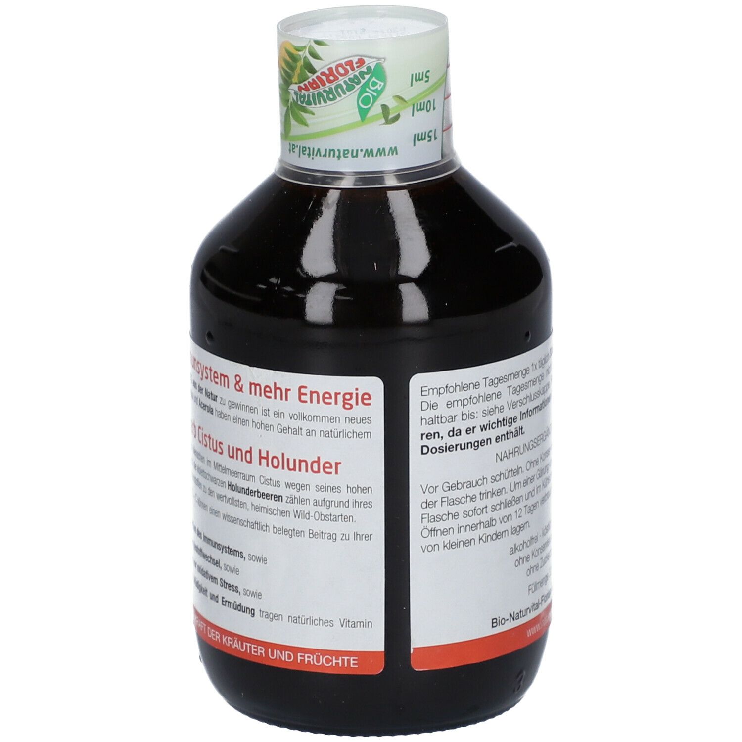 Braune Flasche, schräg. Etikett mit Text und Illustrationen. Aufschrift: FITONIC BIO-CISTUS IMMUN AKTIV. Bio-Siegel. Mit Blüten- und Beeren-Illustrationen.