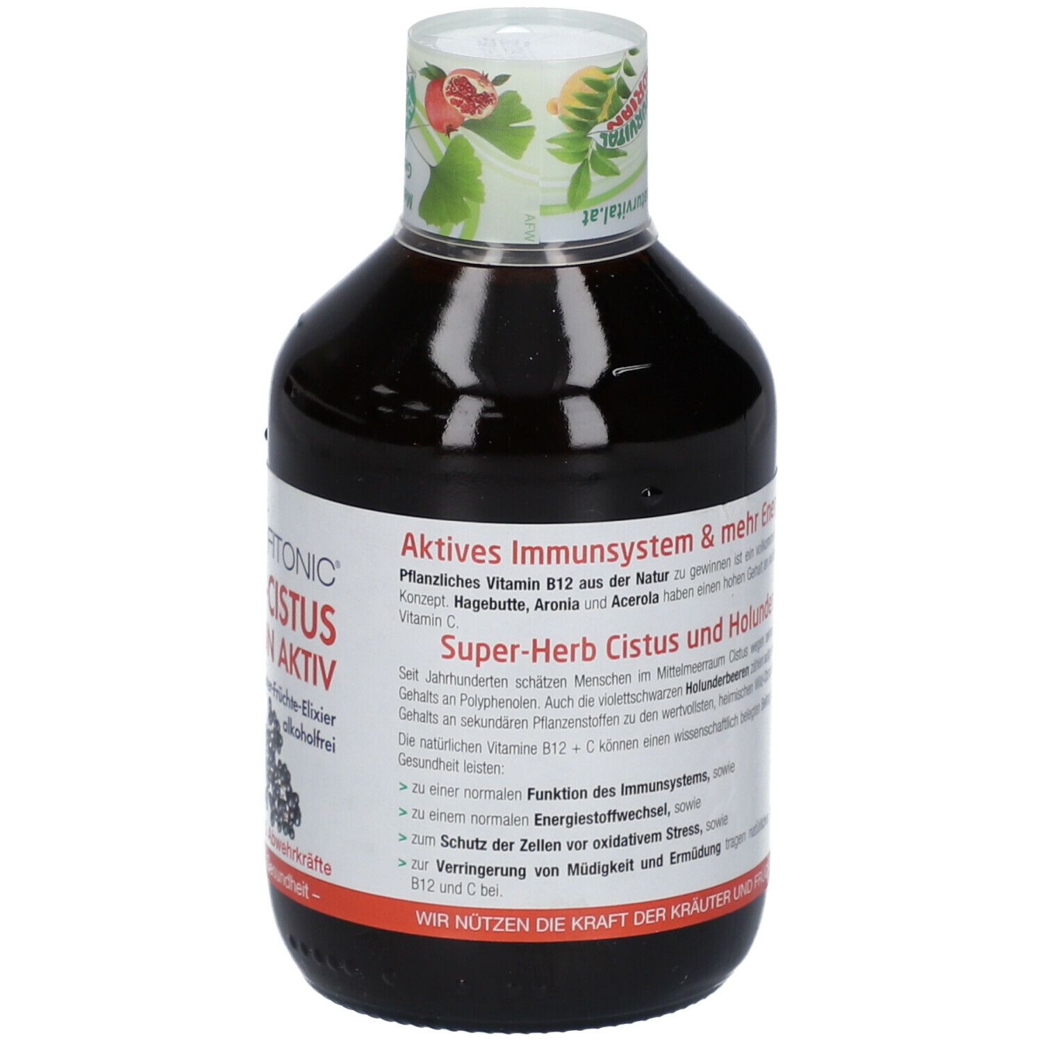 Braune Flasche, schräg. Etikett mit Text und Illustrationen. Aufschrift: FITONIC BIO-CISTUS IMMUN AKTIV. Bio-Siegel. Mit Blüten- und Beeren-Illustrationen.
