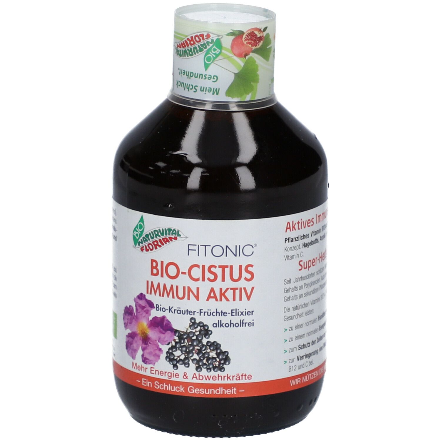 Braune Flasche mit Etikett. Aufschrift: FITONIC BIO-CISTUS IMMUN AKTIV. Mit Blüten- und Beeren-Illustrationen. Bio-Siegel.