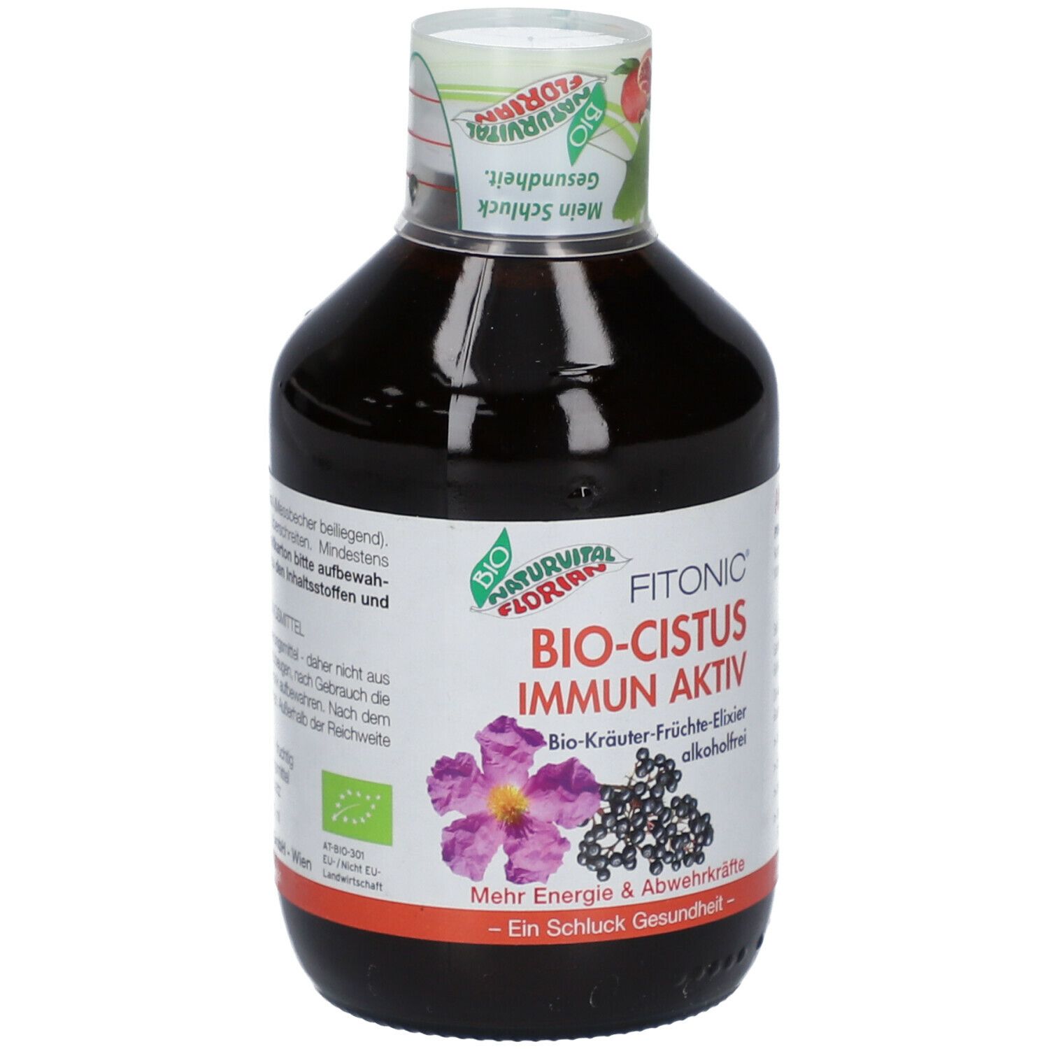Braune Flasche mit Etikett. Aufschrift: FITONIC BIO-CISTUS IMMUN AKTIV. Mit Blüten- und Beeren-Illustrationen. Bio-Siegel.