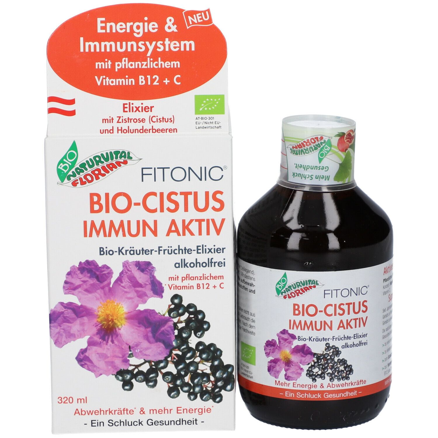 Produkt mit Verpackung. Flasche und Karton. Aufschrift: FITONIC BIO-CISTUS IMMUN AKTIV. Mit Blüten- und Beeren-Illustrationen. Bio-Siegel.