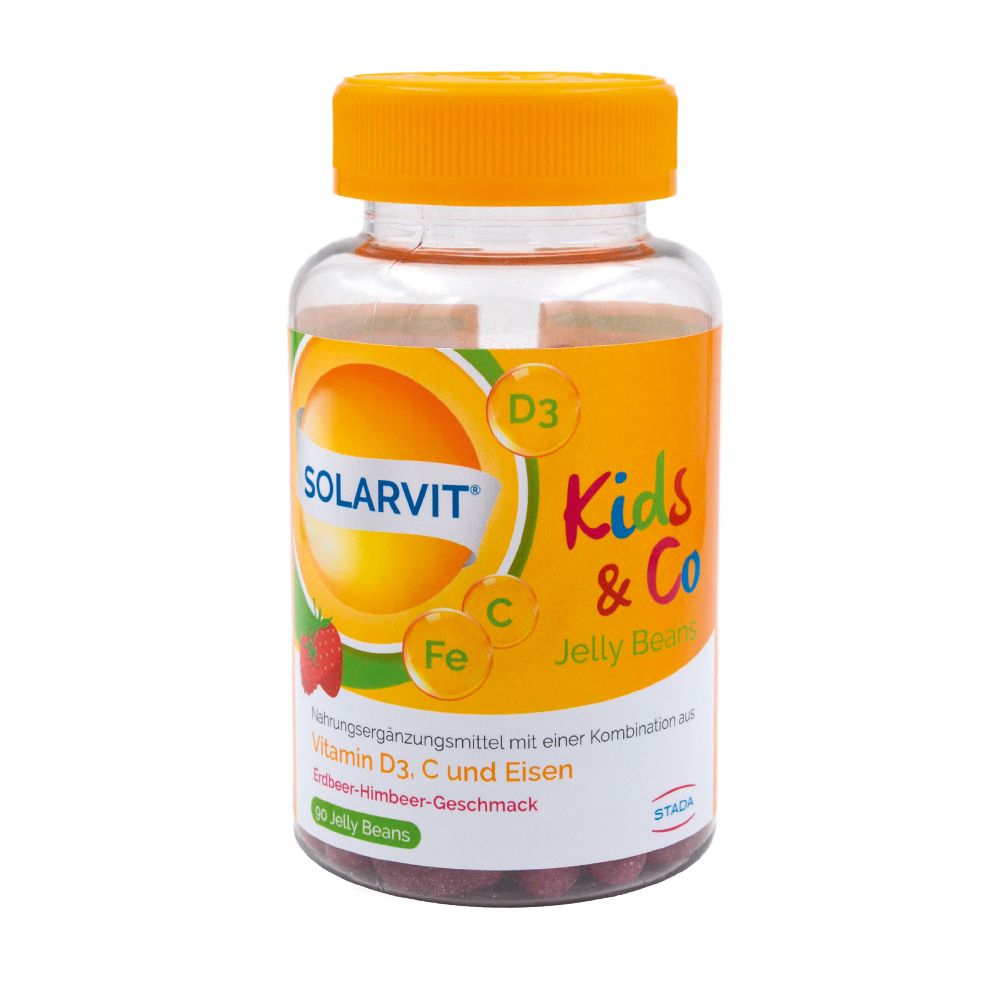 Solarvit Kids & Co Jelly Beans. Dose mit gelbem Deckel, transparentem Behälter. Aufkleber mit Produktinformationen und Logo.