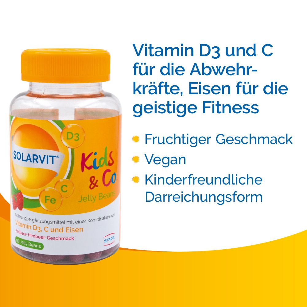 Solarvit Kids & Co Jelly Beans. Dose mit gelbem Deckel, Text: Vitamin D3 und C, Eisen. Fruchtiger Geschmack, vegan, kindgerecht.