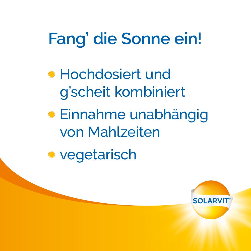 Text: Fang' die Sonne ein! Hochdosiert und kombiniert, Einnahme unabhängig von Mahlzeiten, vegetarisch. Solarvit Logo.