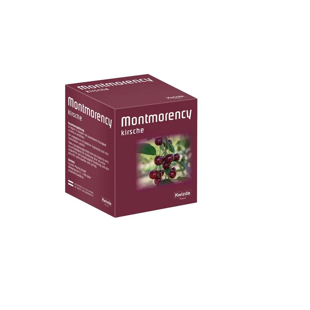 Karton mit Aufschrift Montmorency Kirsche. Abbildung von Kirschen. Marke Kwizda.