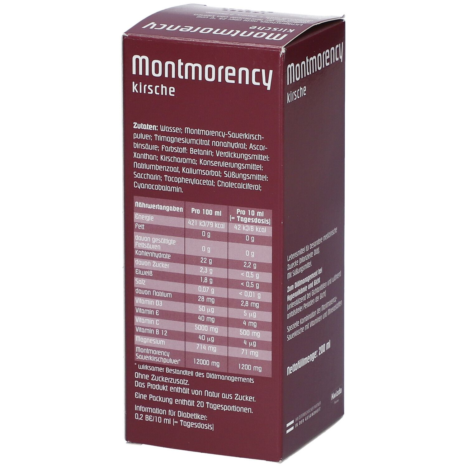 Montmorency Kirsche-Verpackung. Nährwerttabelle. Zutatenliste. Text: 200 ml. Kwizda Pharma.