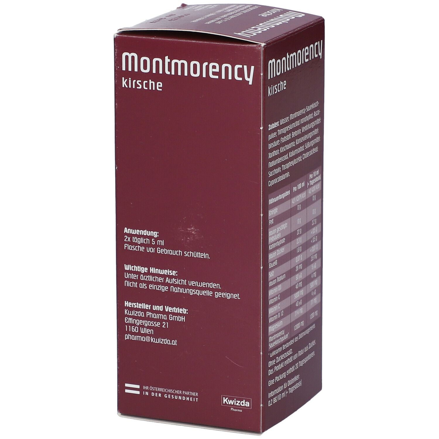 Montmorency Kirsche-Verpackung. Text: Anwendung, wichtige Hinweise. Hersteller: Kwizda Pharma. Adresse. Kwizda Pharma.