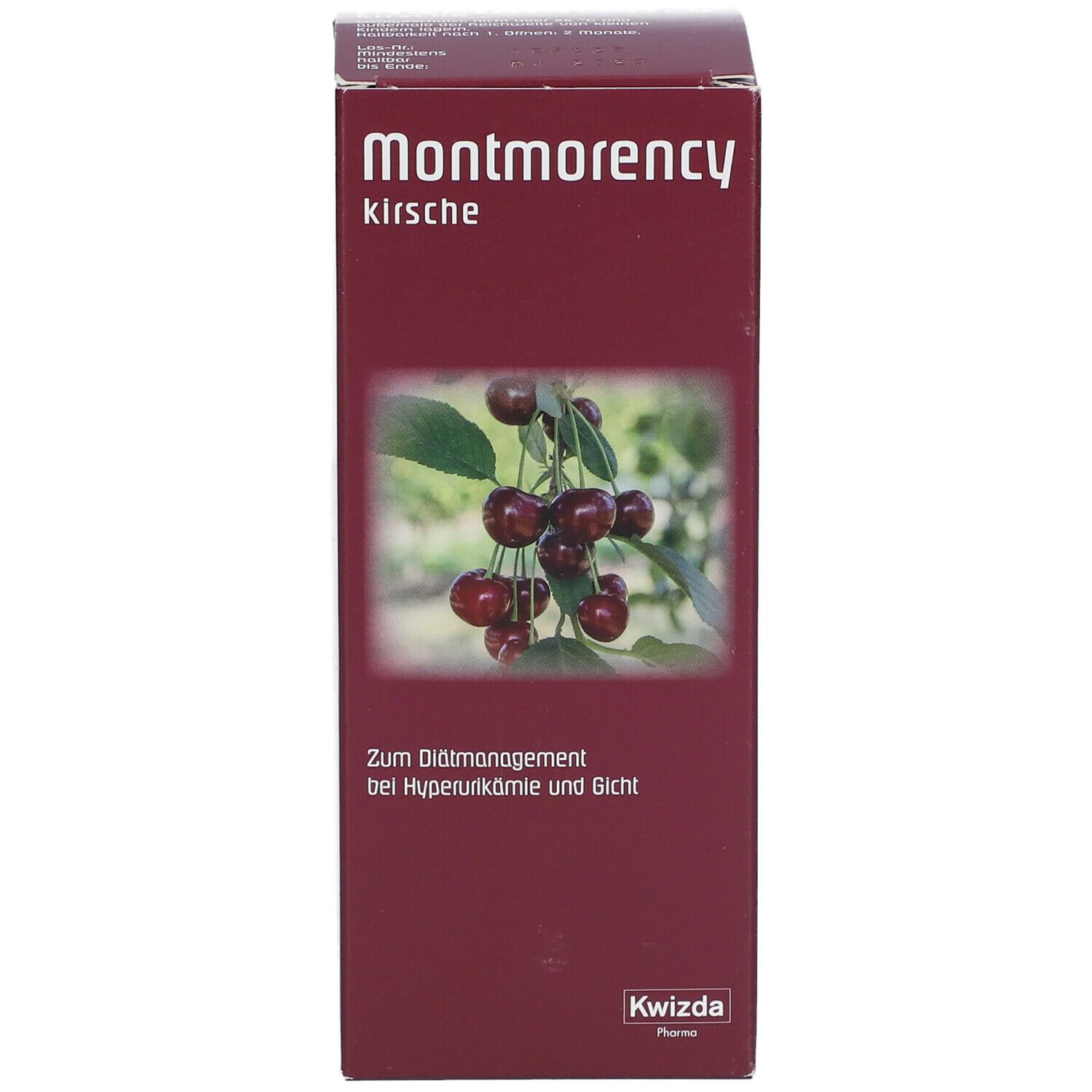 Montmorency Kirsche-Verpackung. Kirschabbildung. Text: Zum Diätmanagement bei Hyperurikämie und Gicht. Kwizda Pharma.