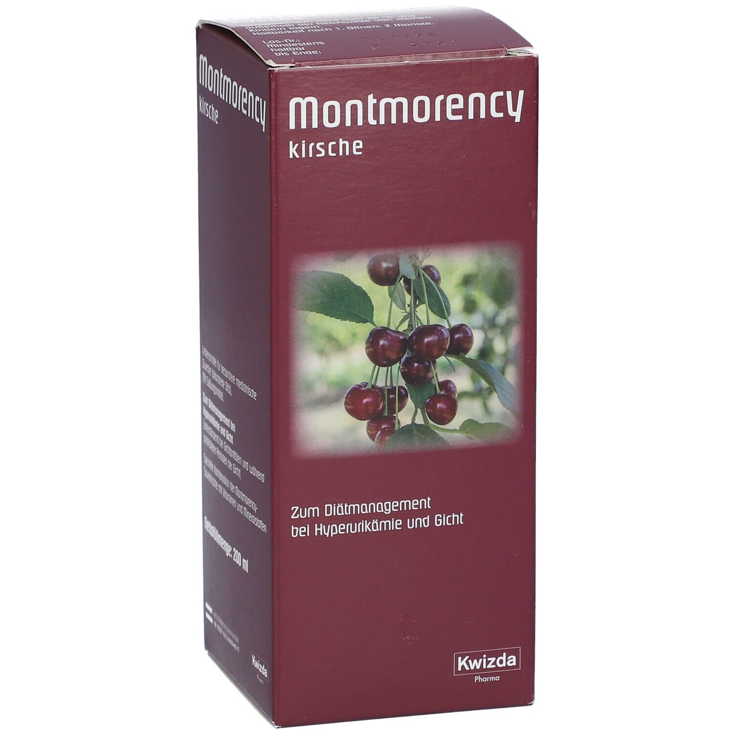 Montmorency Kirsche-Verpackung. Kirschabbildung. Text: Zum Diätmanagement bei Hyperurikämie und Gicht. Kwizda Pharma.
