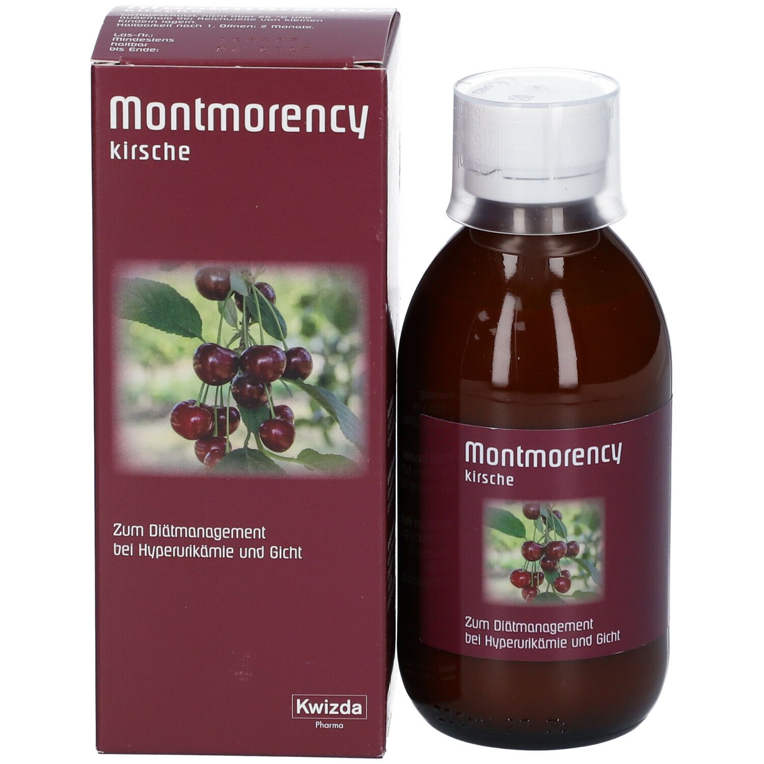 Montmorency Kirsche-Verpackung und Flasche. Kirschabbildung. Text: Zum Diätmanagement bei Hyperurikämie und Gicht. Kwizda Pharma.