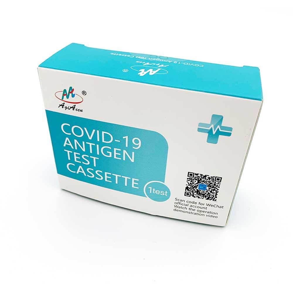 Schachtel mit Aufschrift COVID-19 Antigen Test Cassette. Marke AgiAccu. 1 Test.