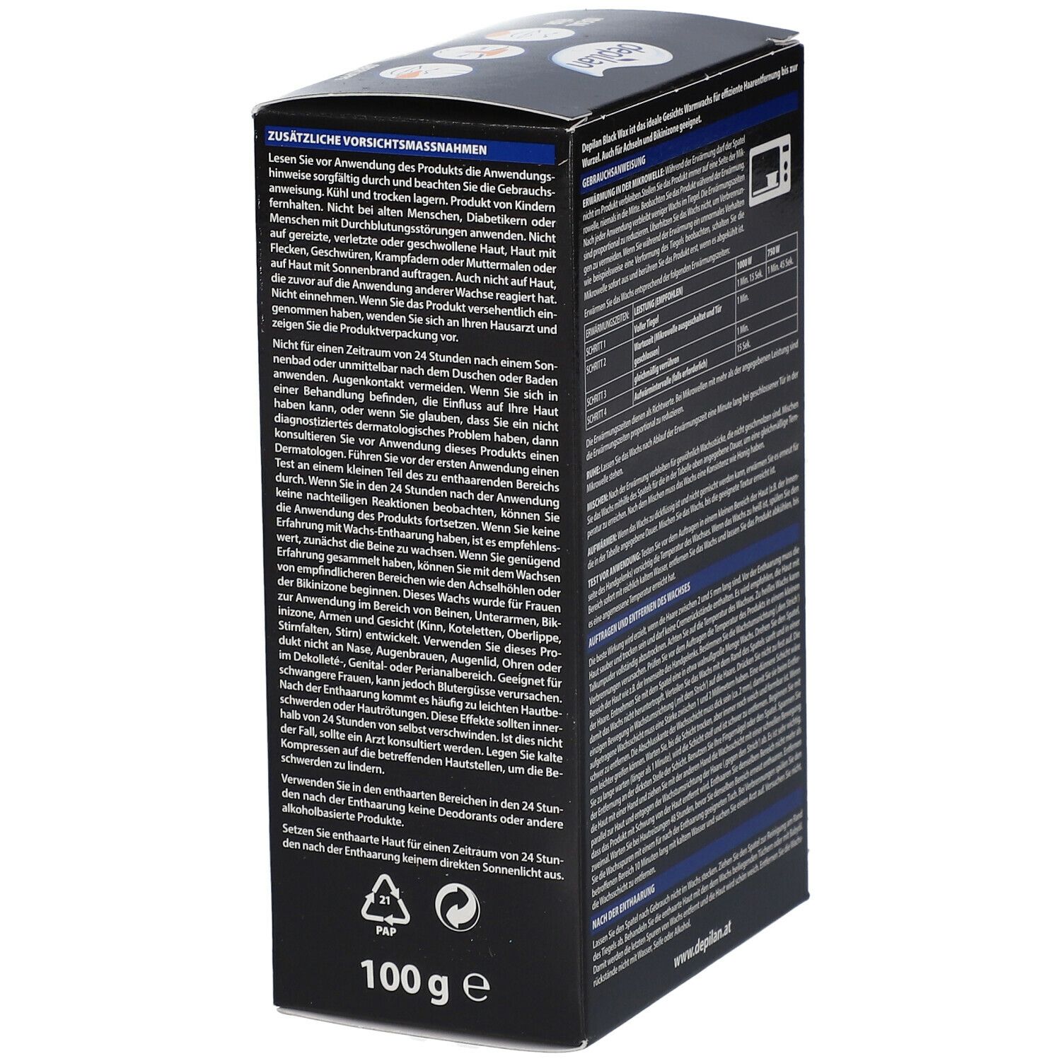 Seite der Wachsverpackung. Text mit Vorsichtsmaßnahmen und Warnhinweisen. 100g-Angabe.