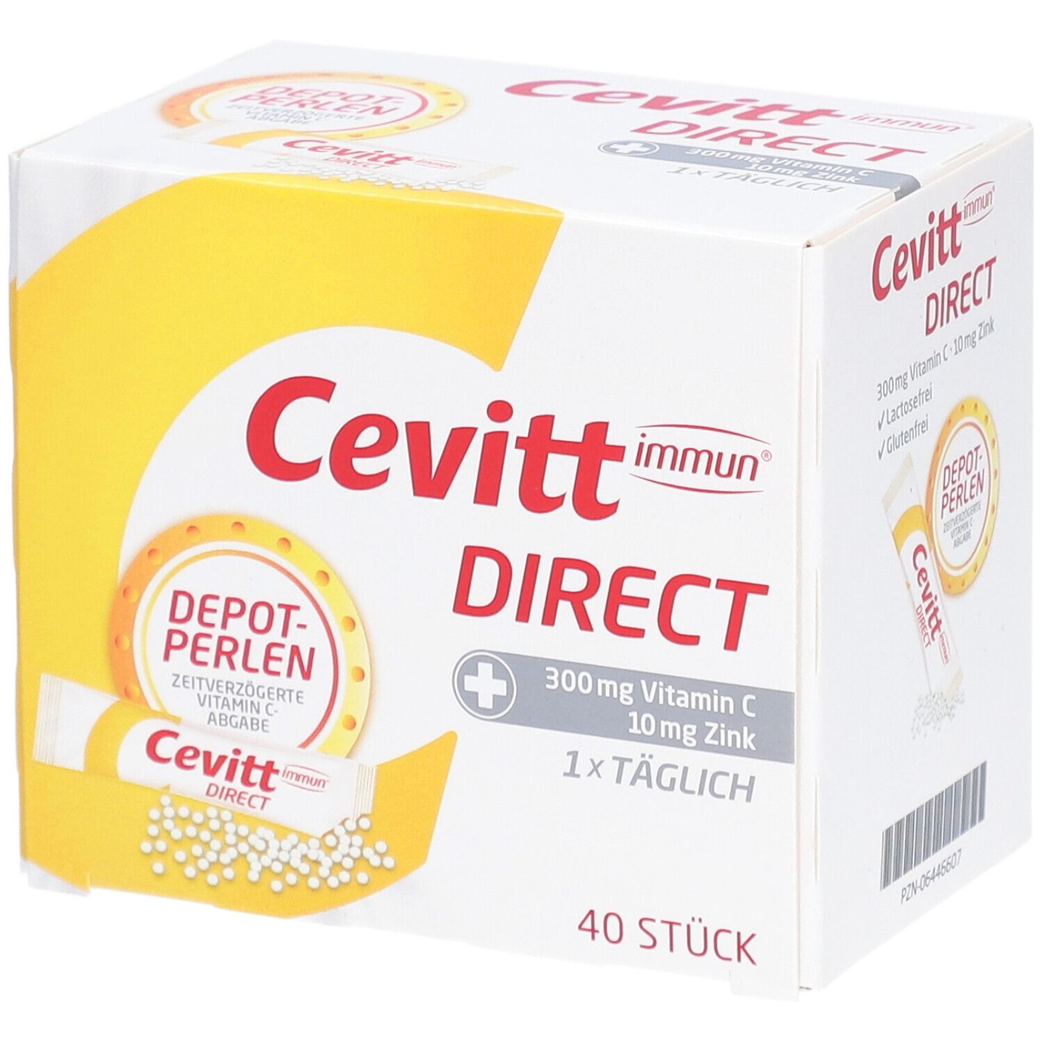 Cevitt Immun Direct-Verpackung. Enthält 40 Stück. Aufschrift: 300mg Vitamin C, 10mg Zink. Depot-Perlen.