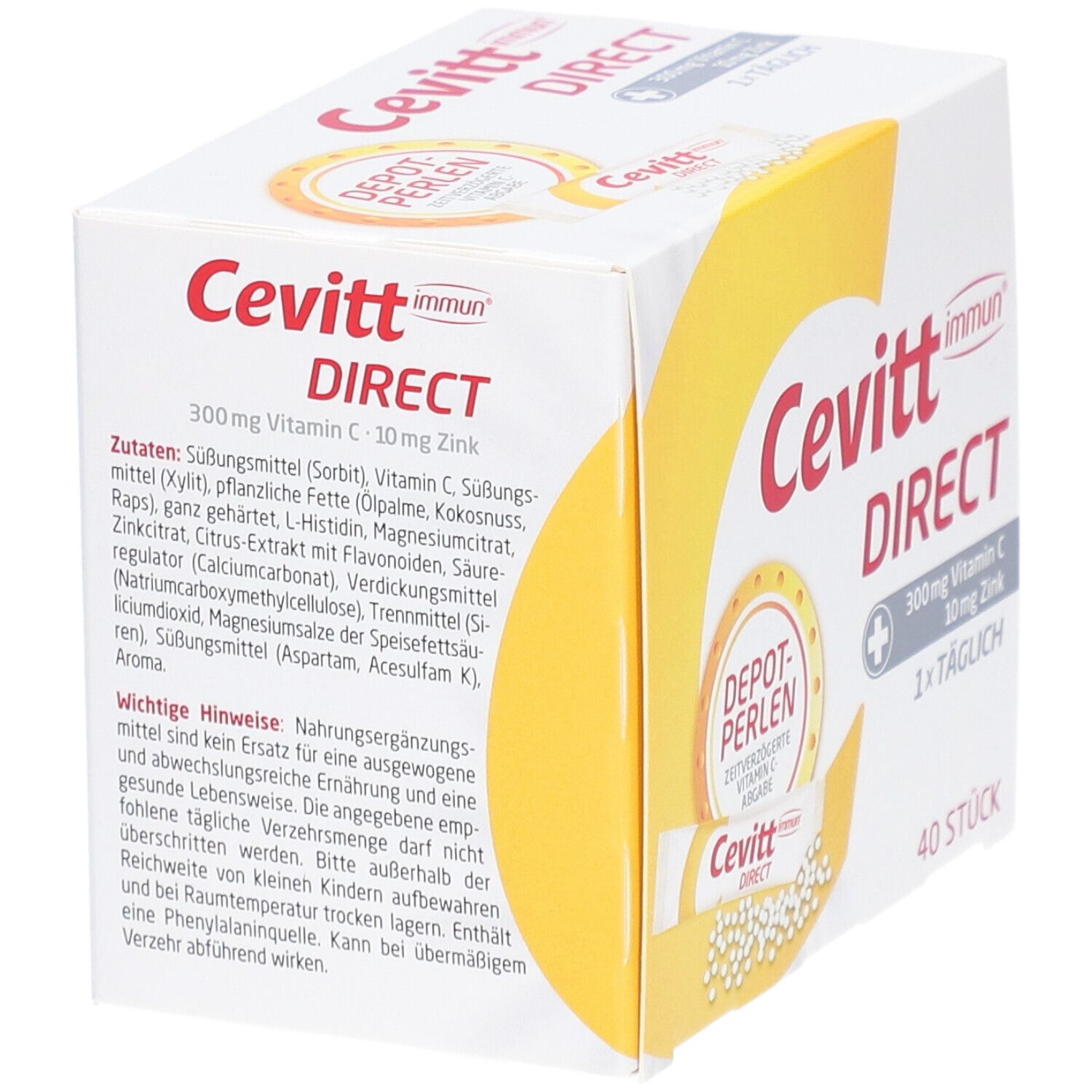 Cevitt Immun Direct-Verpackung. Zutatenliste und Hinweise. Aufschrift: 300mg Vitamin C, 10mg Zink. 40 Stück.