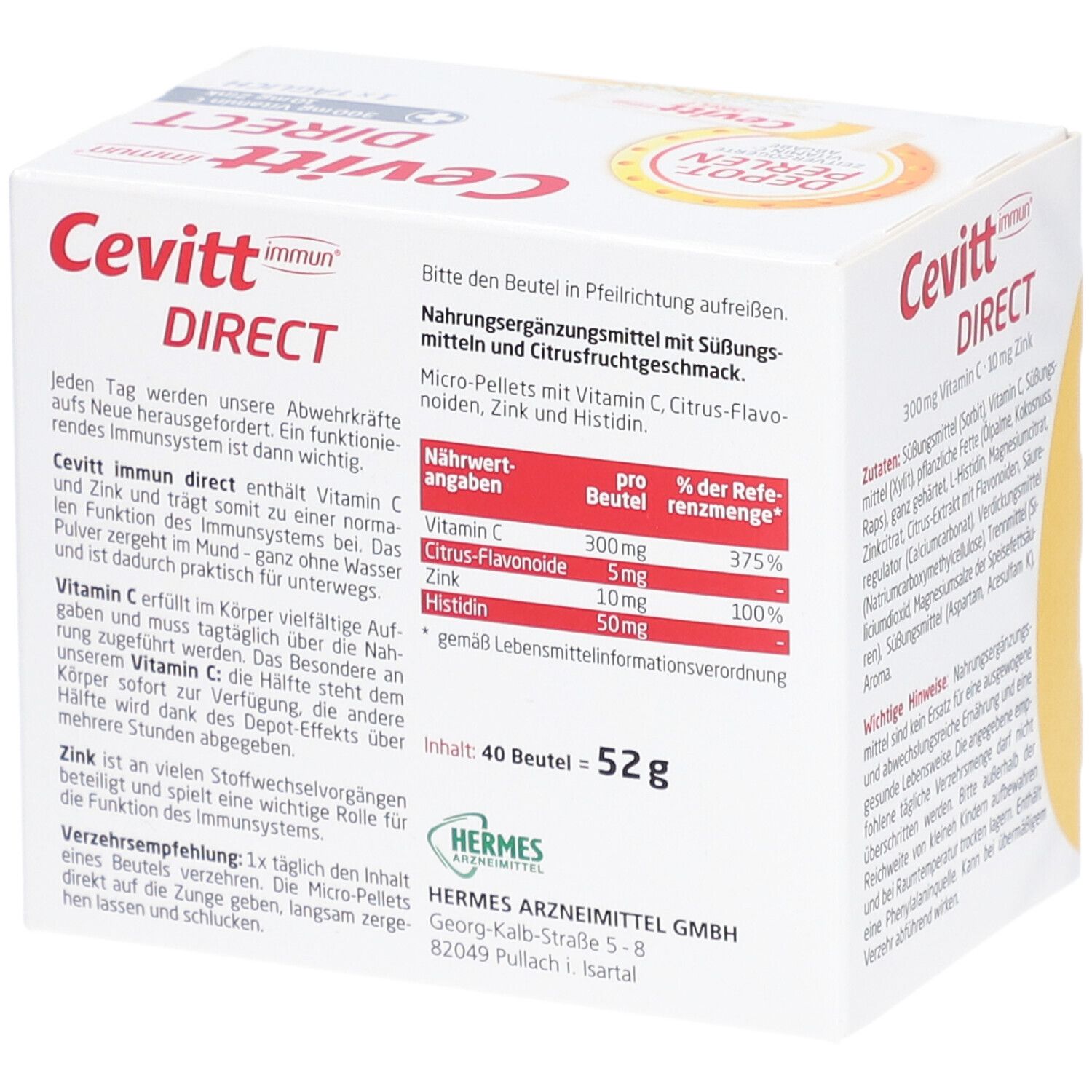Cevitt Immun Direct-Verpackung. Nährwerttabelle und Informationen. Aufschrift: 300mg Vitamin C, 10mg Zink. 40 Beutel.