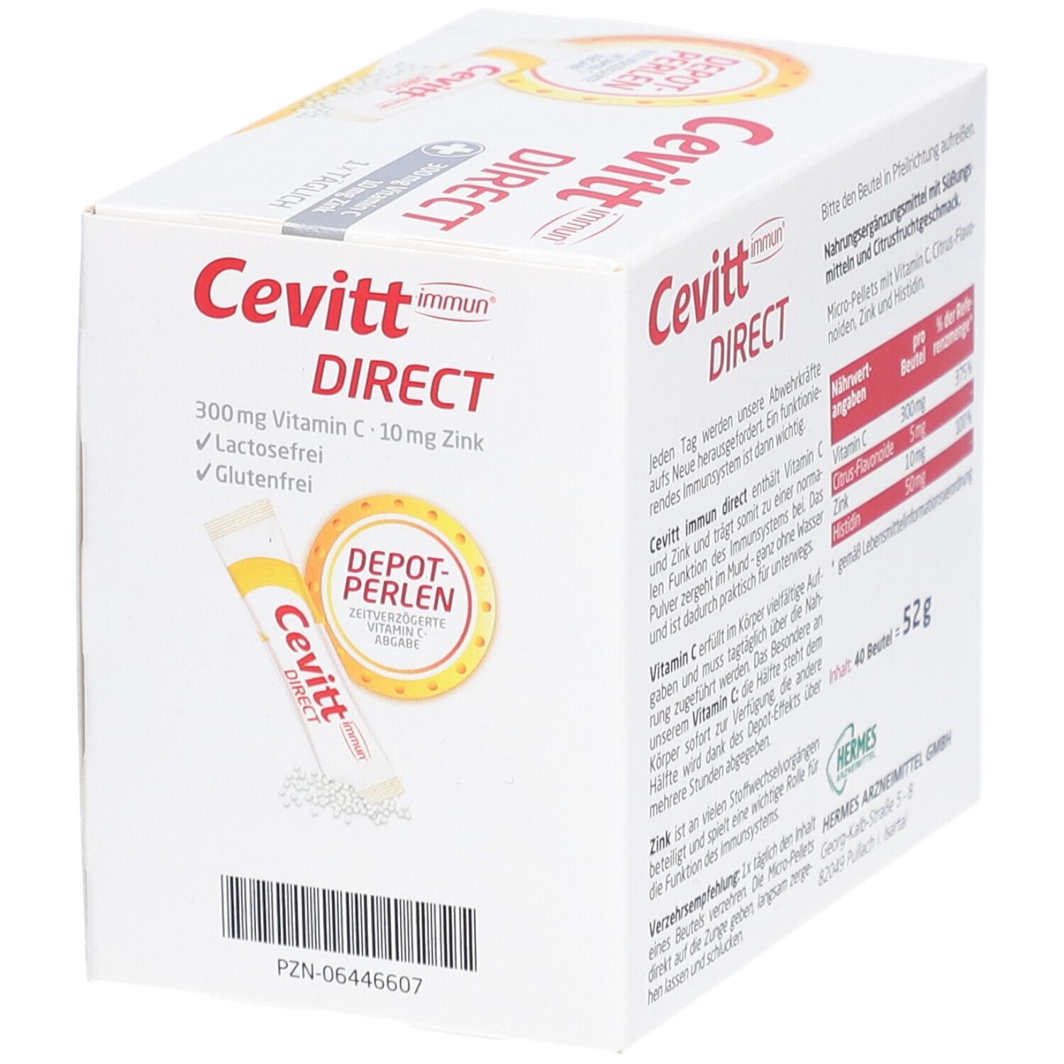 Cevitt Immun Direct-Verpackung. Aufschrift: 300mg Vitamin C, 10mg Zink. 40 Stück. Glutenfrei, laktosefrei.