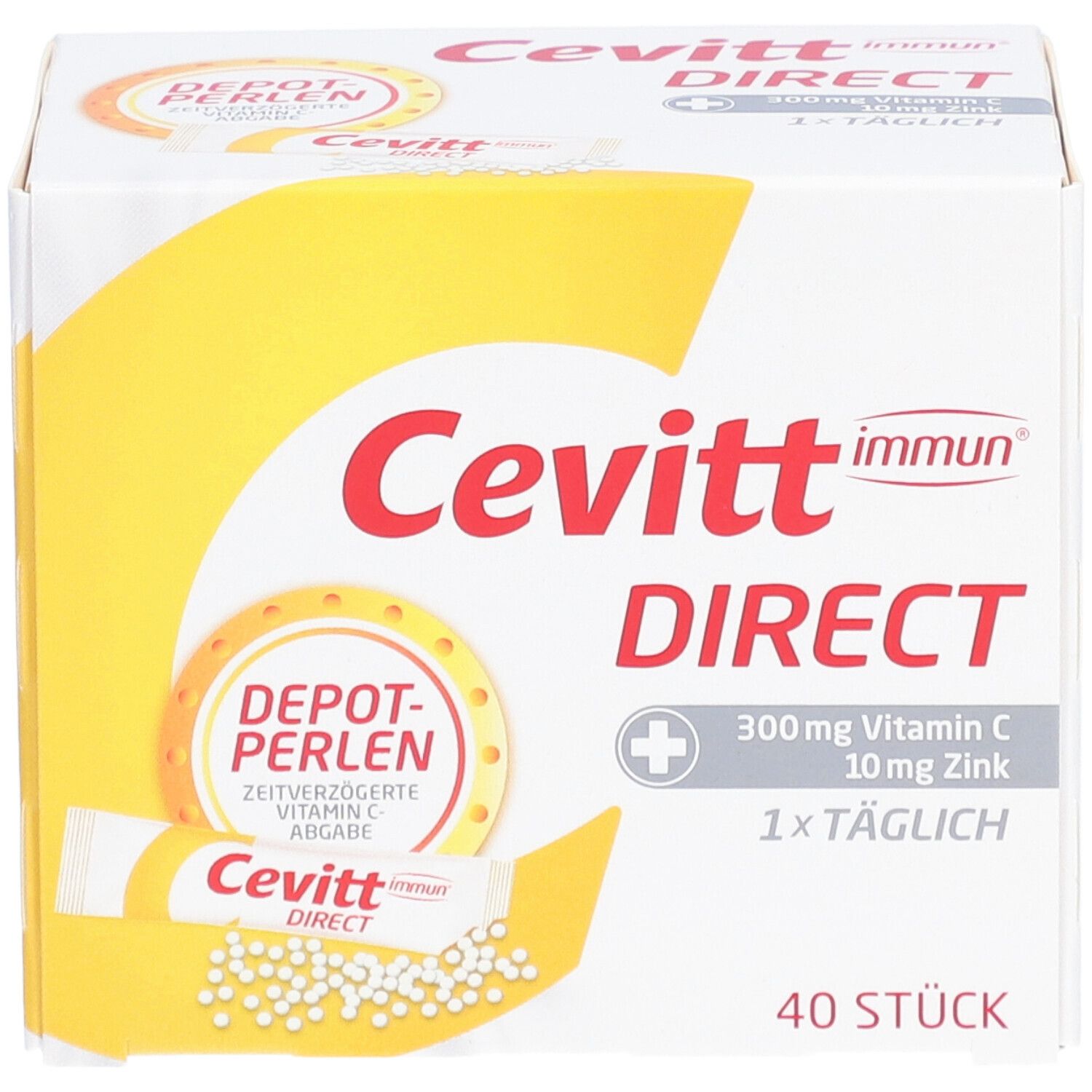 Cevitt Immun Direct-Verpackung. Aufschrift: 300mg Vitamin C, 10mg Zink. 40 Stück. Depot-Perlen.