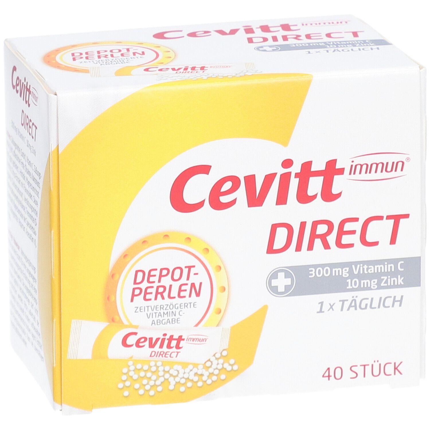 Cevitt Immun Direct-Verpackung. Aufschrift: 300mg Vitamin C, 10mg Zink. 40 Stück. Depot-Perlen.