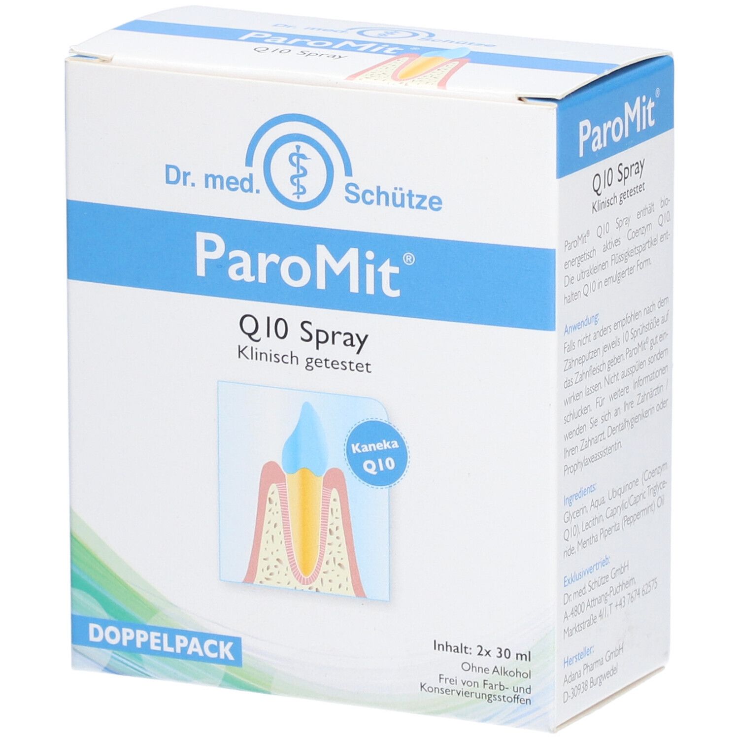 PAROMIT Q10 Spray Doppelpack. Weiße Schachtel mit blauen Akzenten. Illustration eines Zahns. Klinisch getestet.