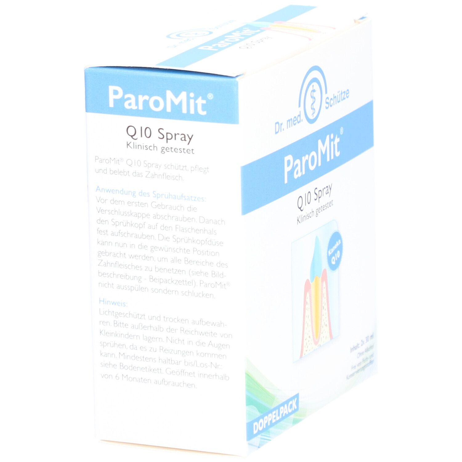 PAROMIT Q10 Spray. Weiße Schachtel mit blauen Akzenten. Text und Illustration eines Zahns. Doppelpack.