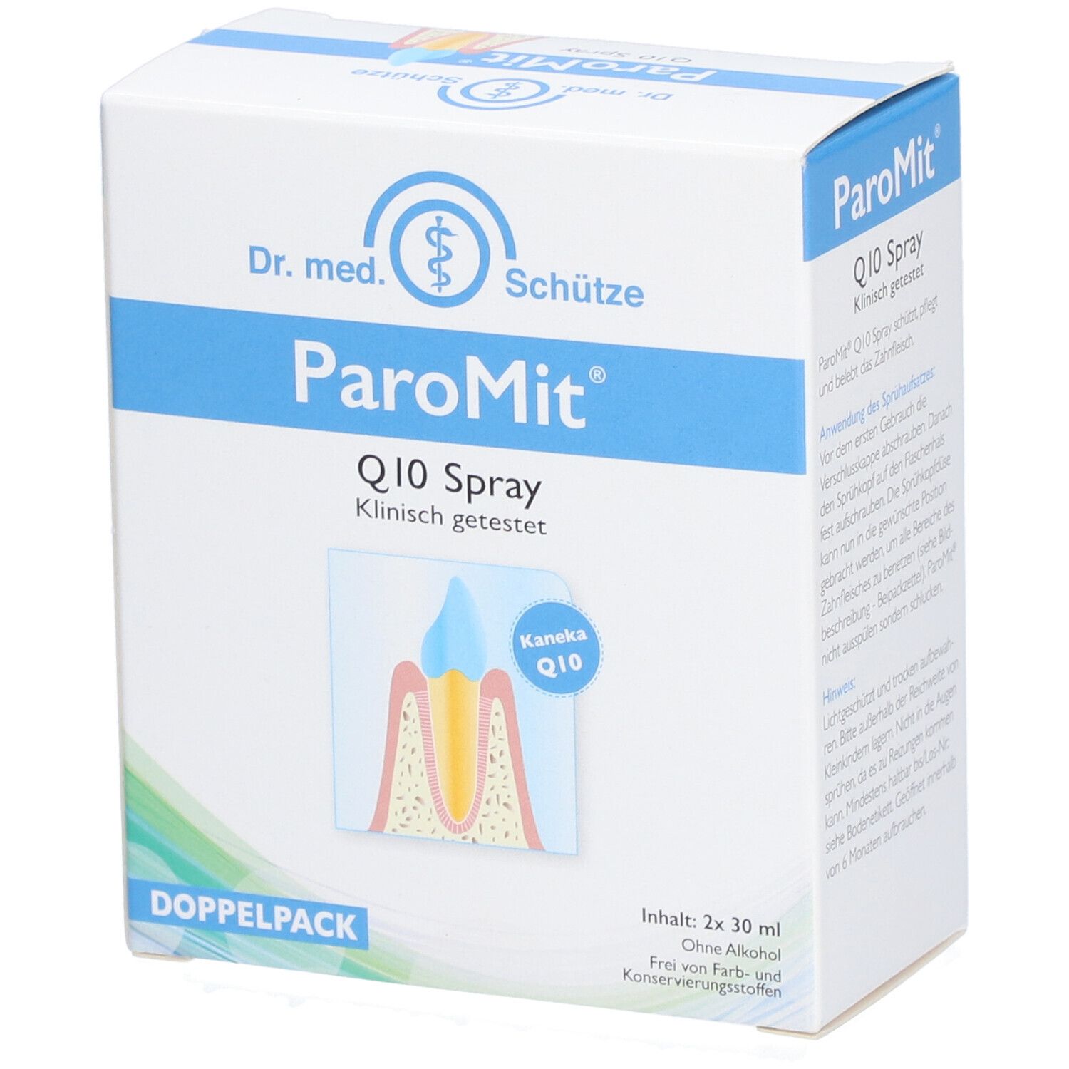 PAROMIT Q10 Spray Doppelpack. Weiße Schachtel mit blauen Akzenten. Illustration eines Zahns. Klinisch getestet.
