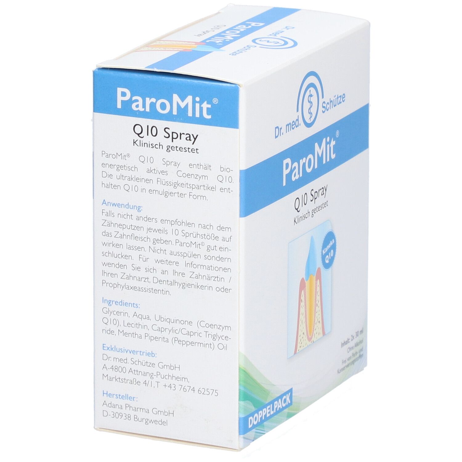 PAROMIT Q10 Spray. Weiße Schachtel mit blauen Akzenten. Text und Illustration eines Zahns. Doppelpack.