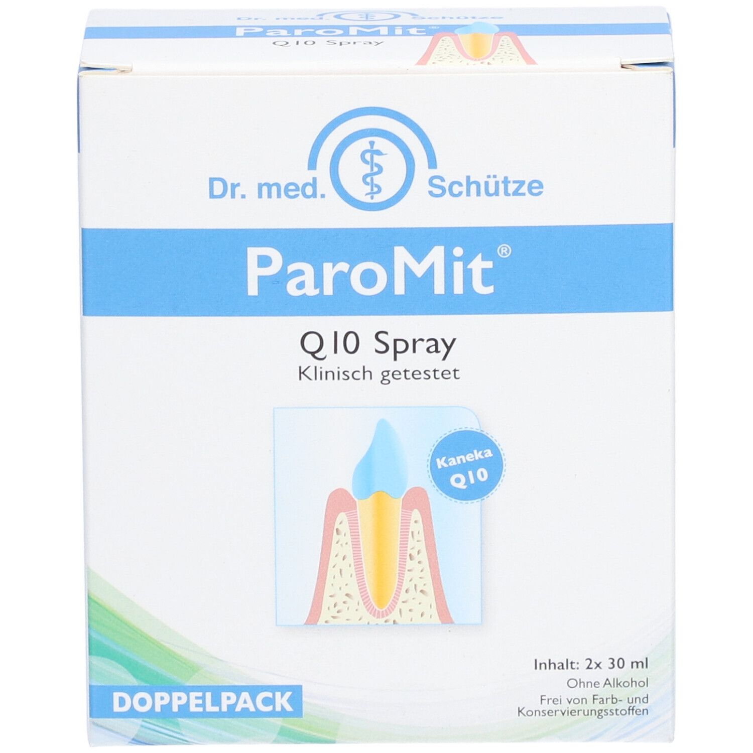 PAROMIT Q10 Spray Doppelpack. Weiße Schachtel mit blauen Akzenten. Illustration eines Zahns. Klinisch getestet.