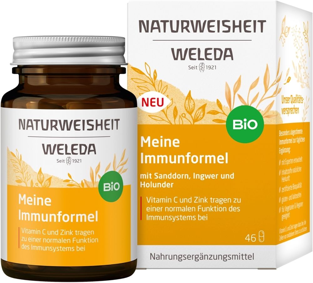 Weleda Meine Immunformel. Braune Glasflasche mit 46 Kapseln. Bio-Zertifizierung. Deckel aus Metall.