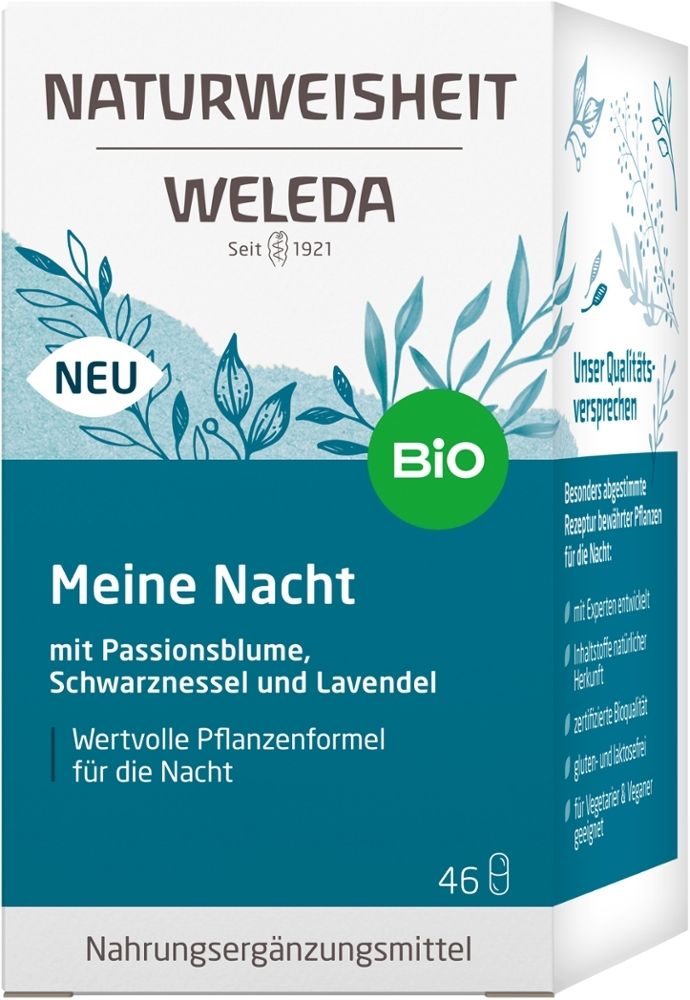 Karton mit Aufschrift "Meine Nacht" und "WELEDA". Enthält 46 Kapseln. Bio-Siegel.