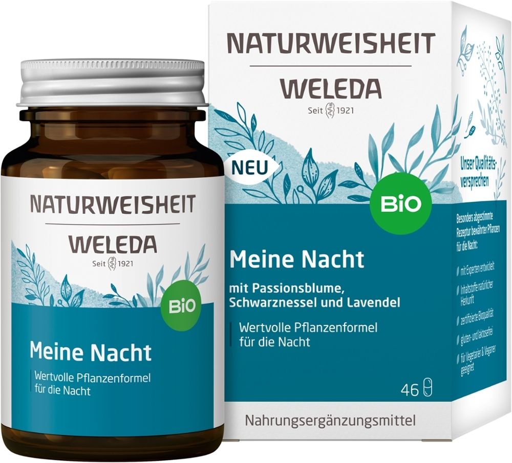 Braune Glasflasche mit Schraubverschluss und "Meine Nacht"-Etikett. Bio-Siegel.