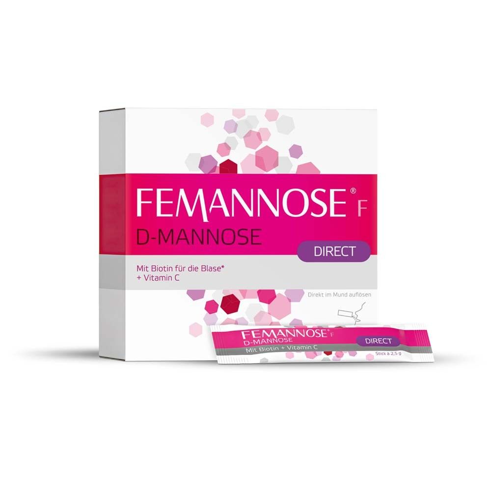 FEMANNOSE® F Direct Sticks. D-Mannose, Biotin & Vitamin C. Verpackung mit Produkt und Stick. Rosa, weiß und lila.