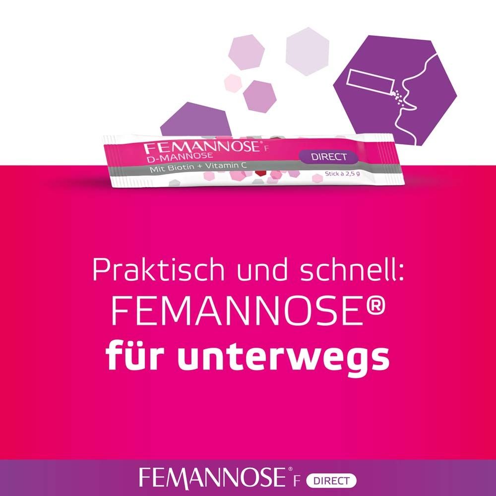 FEMANNOSE® F Direct. Stick. Praktisch und schnell für unterwegs. Rosa Hintergrund mit Text und lila Elementen.