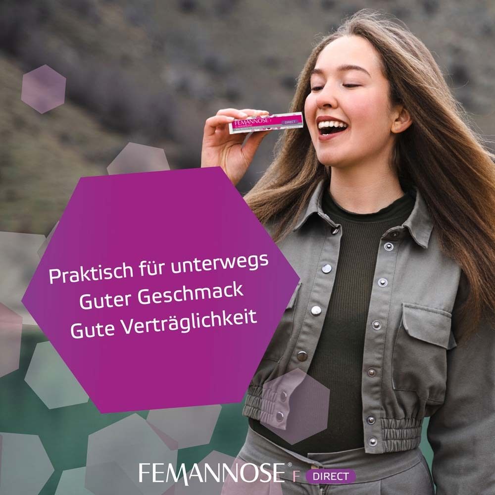 Frau nimmt einen FEMANNOSE® F Direct Stick in den Mund. Lila Hintergrund mit Text. Guter Geschmack, Verträglichkeit.