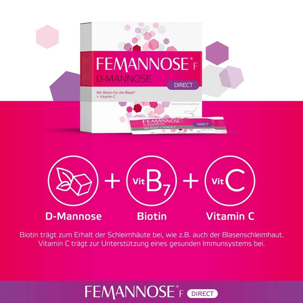 FEMANNOSE® F Direct Sticks. D-Mannose, Biotin, Vitamin C. Illustrationen von Inhaltsstoffen. Rosa Hintergrund.