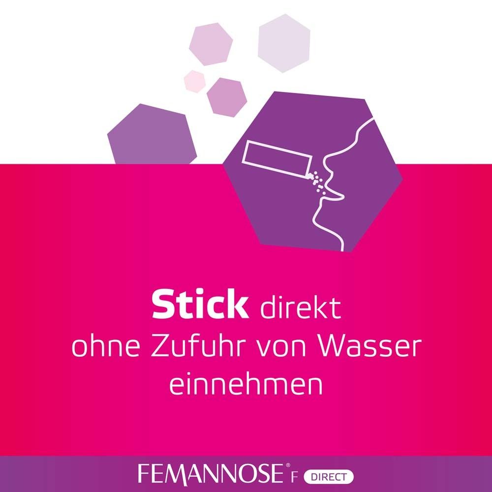 FEMANNOSE® F Direct Stick. Einnahme ohne Wasser. Lila Hintergrund mit Illustration. Rosa Stick.