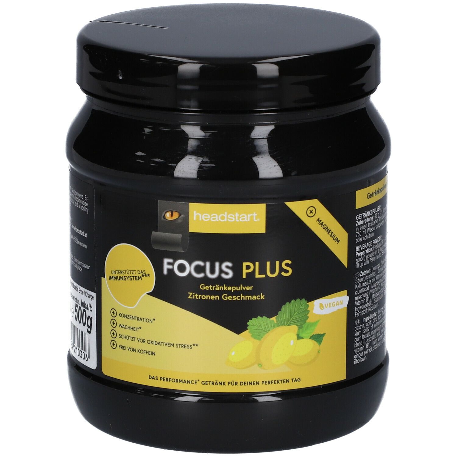 Schwarze Dose mit "headstart Focus PLUS Zitrone". Gelbes Etikett mit Produktinformationen und Zitronen-Illustration. 500g.