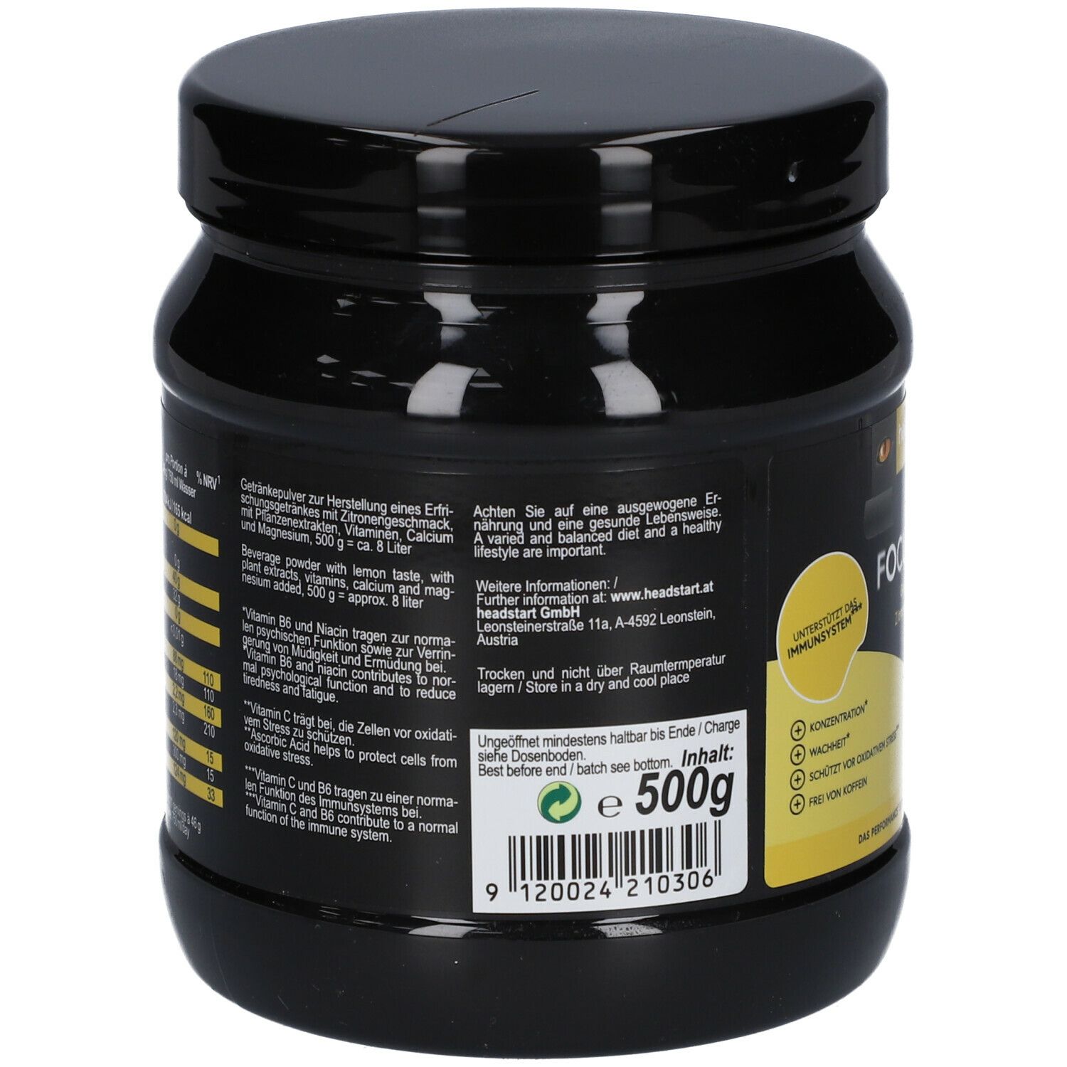 Rückseite der schwarzen Dose "headstart Focus PLUS Zitrone". Textinformationen, Inhaltsstoffe, Nährwertangaben, Barcode und 500g.