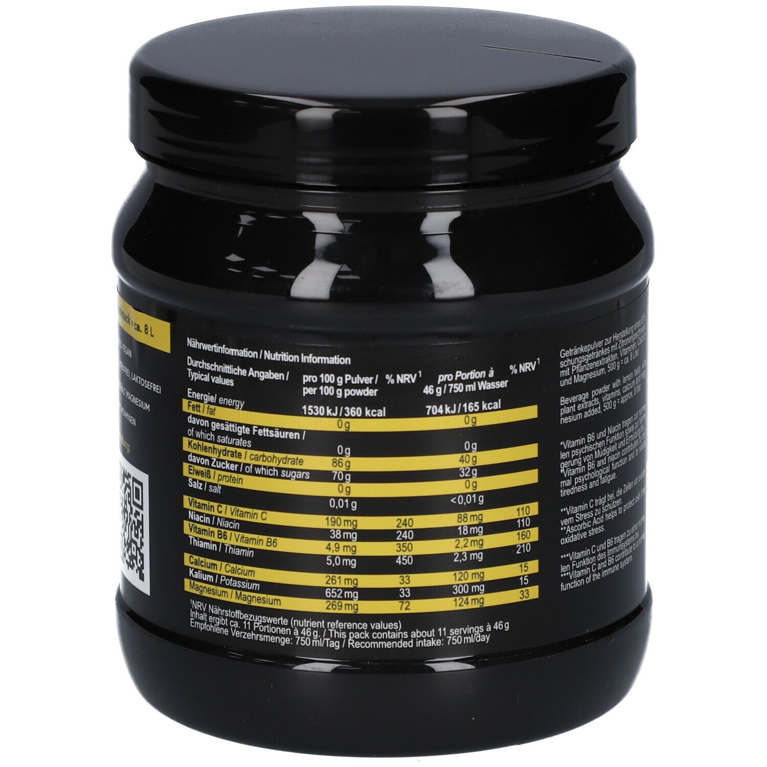 Nährwertangaben auf der Rückseite der Dose "headstart Focus PLUS Zitrone". Tabellarische Darstellung der Nährwerte pro Portion und pro 100g.