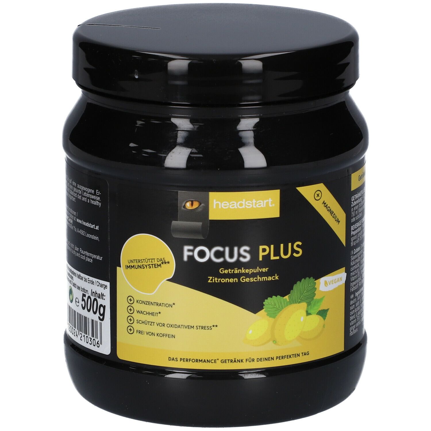 Schwarze Dose "headstart Focus PLUS Zitrone". Gelbes Etikett mit Produktnamen, Zitronen-Illustration und Produktmerkmalen. 500g.