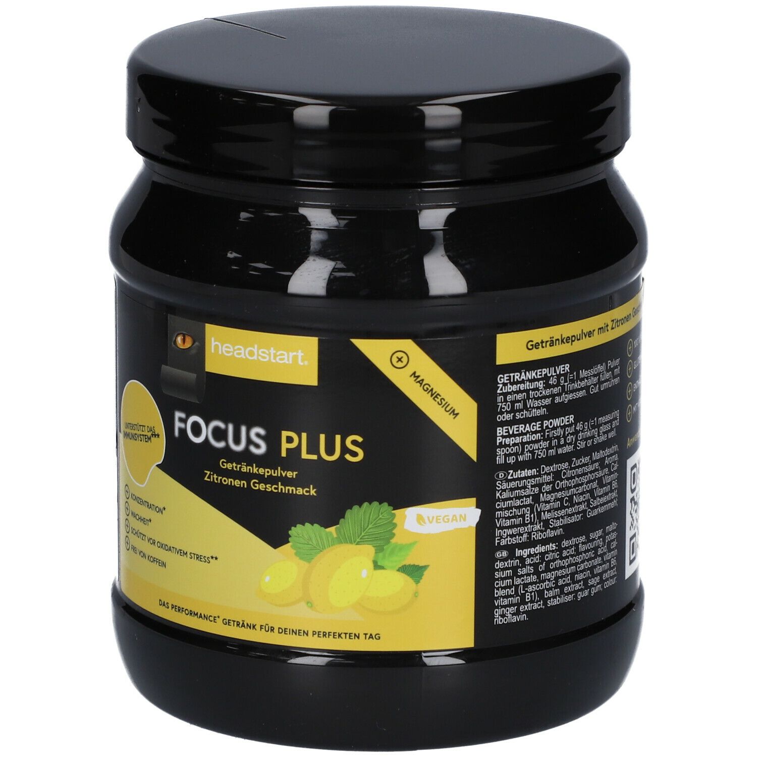 Schwarze Dose "headstart Focus PLUS Zitrone". Gelbes Etikett mit Produktnamen, Zitronen-Illustration, Vegan-Siegel und Produktmerkmalen. 500g.