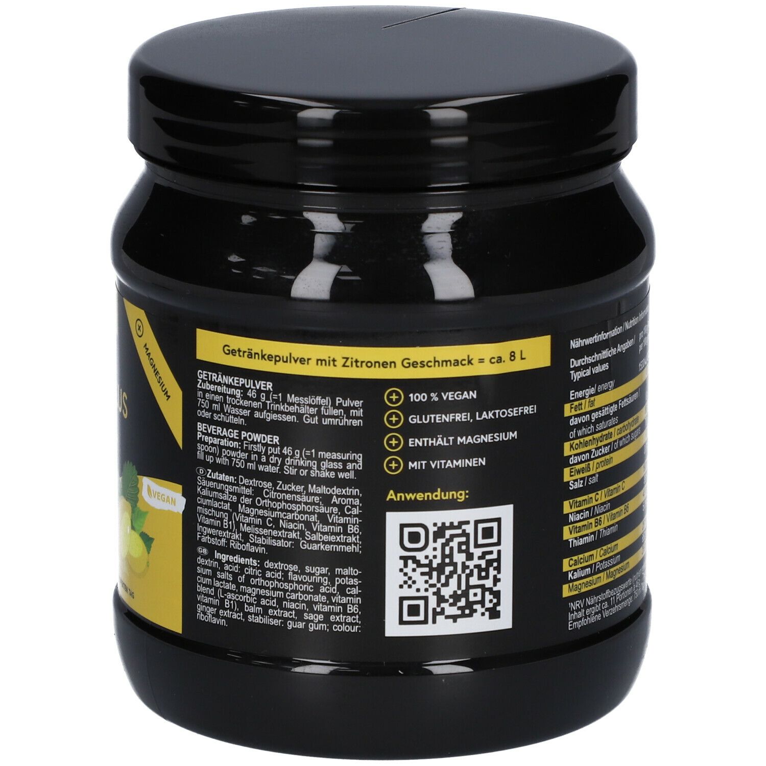Rückseite der Dose "headstart Focus PLUS Zitrone". Text, Inhaltsstoffe, Nährwertangaben, QR-Code, Vegan-Siegel. 500g.