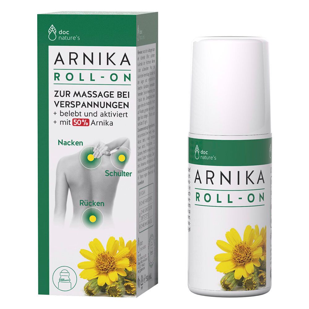 Arnika Roll-On von doc nature's. Flasche und Verpackung. Grün-weiß. Aufschrift: Arnika Roll-On. Abbildung einer Blume.