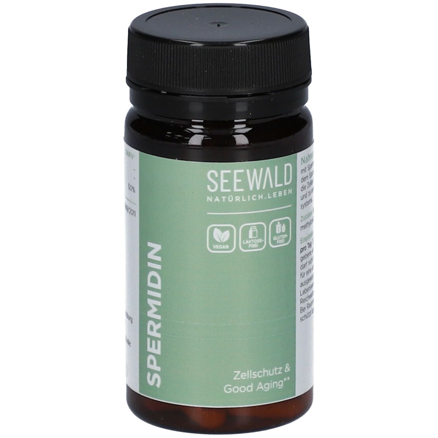 Braune Tablettenflasche mit schwarzem Deckel. Aufschrift: SEEWALD, Spermidin, vegan, laktosefrei, glutenfrei. Zellschutz & Good Aging.