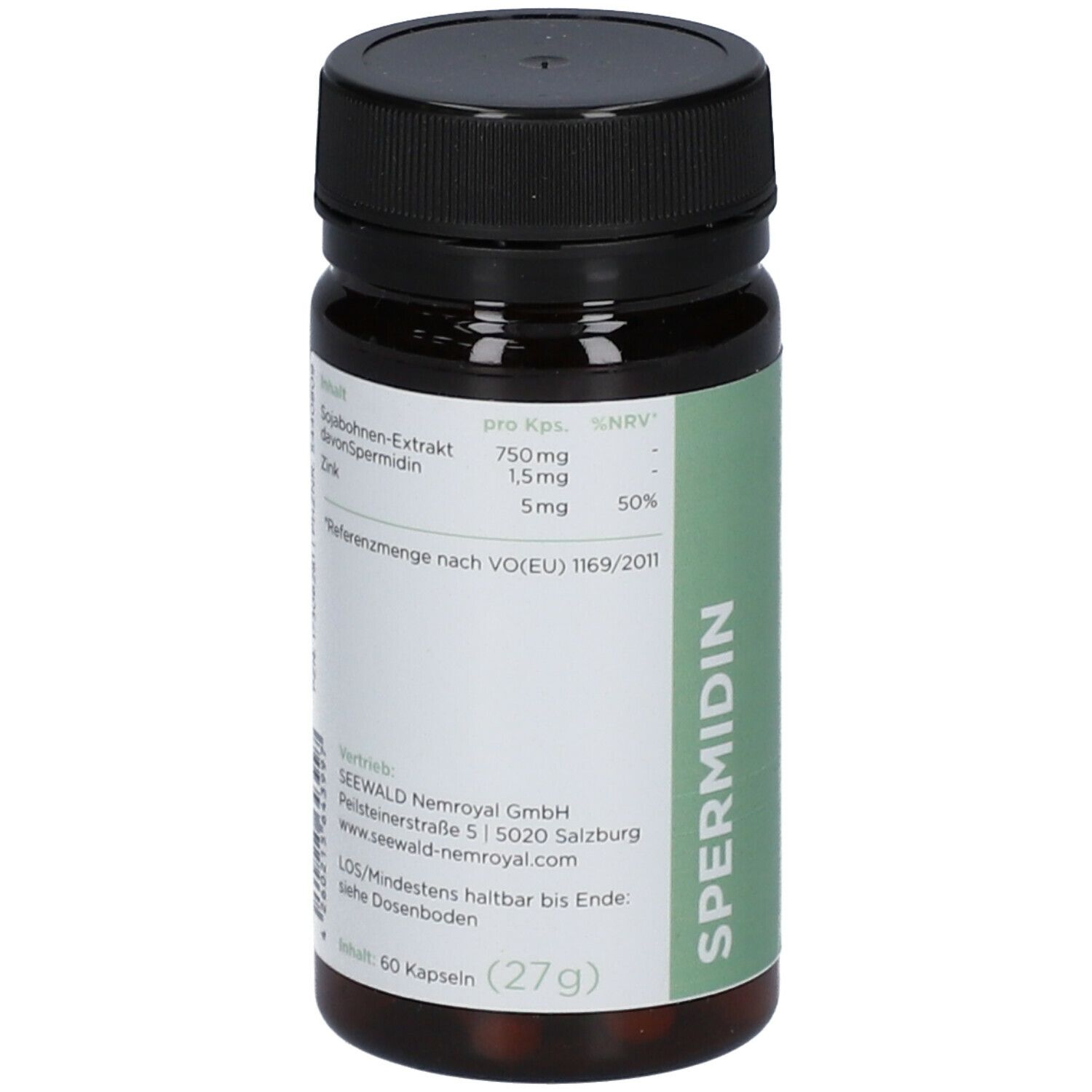 Braune Tablettenflasche mit schwarzem Deckel. Aufschrift: Spermidin. Angaben zu Inhaltsstoffen und Nährwerten. 60 Kapseln (27g).