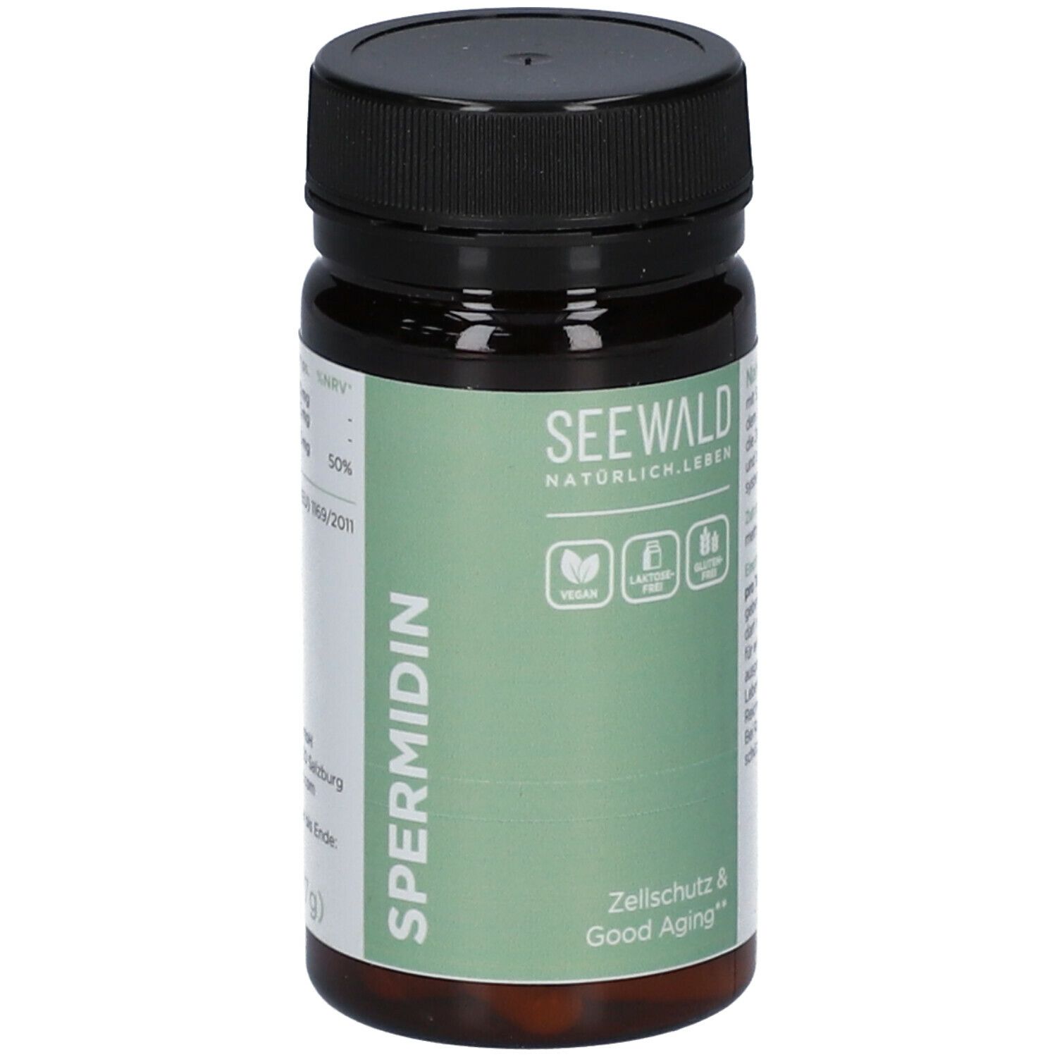 Braune Tablettenflasche mit schwarzem Deckel. Aufschrift: SEEWALD, Spermidin, vegan, laktosefrei, glutenfrei. Zellschutz & Good Aging.